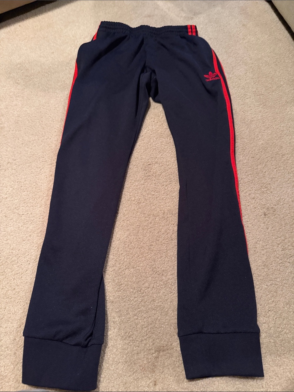 adidas Navy Track Pants with Red Side Stripes